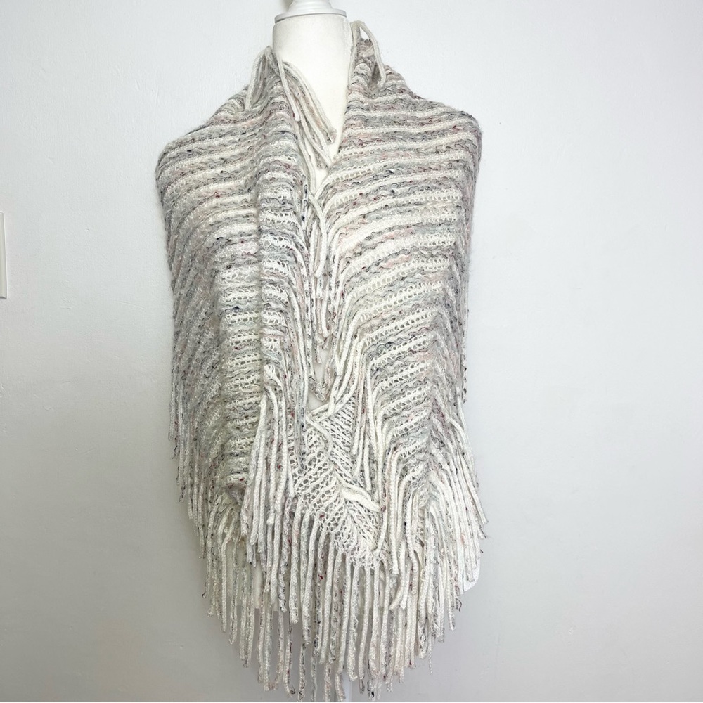 Infinity Scarf Stripes Beige Knited Fringe Bohemian Oversized Wrap - Picture 10 of 14